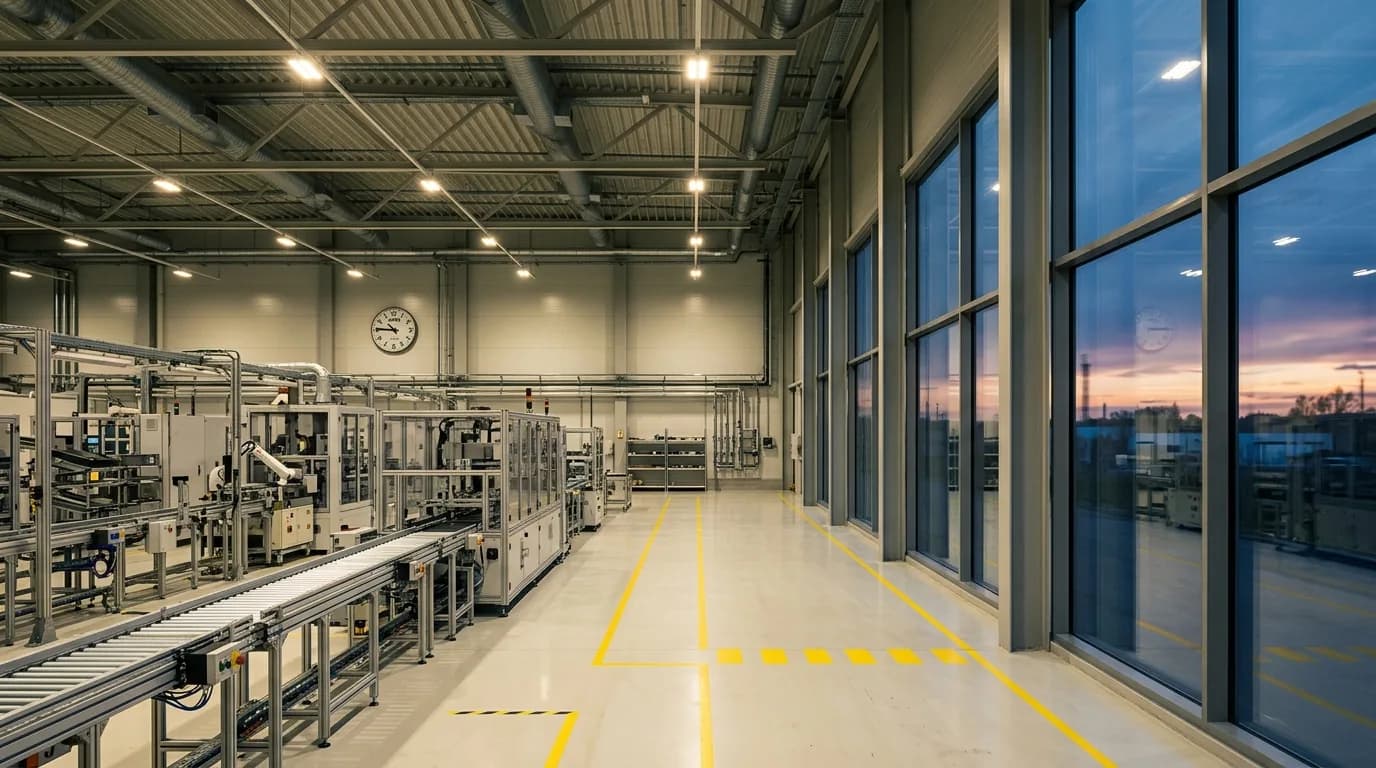 Planta industrial con luminarias encendidas y reloj de pared, vista al anochecer desde el interior