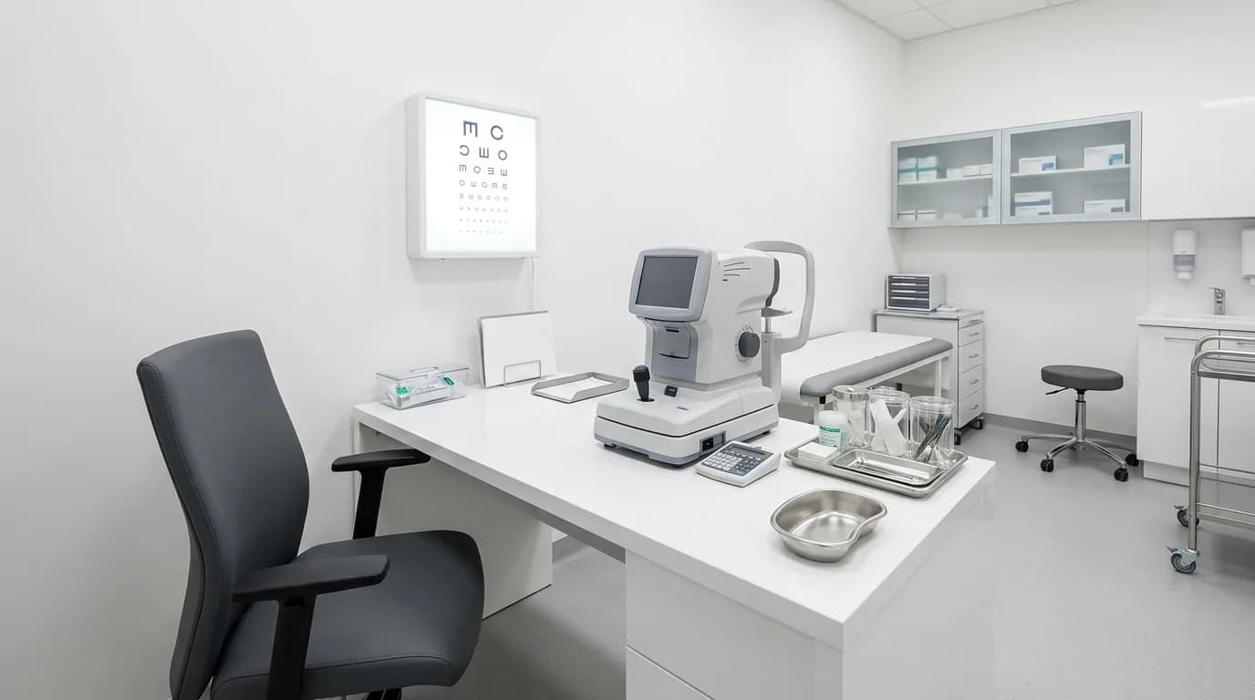 Consultorio de salud ocupacional con un visiometro de escritorio y un optotipo iluminado en la pared