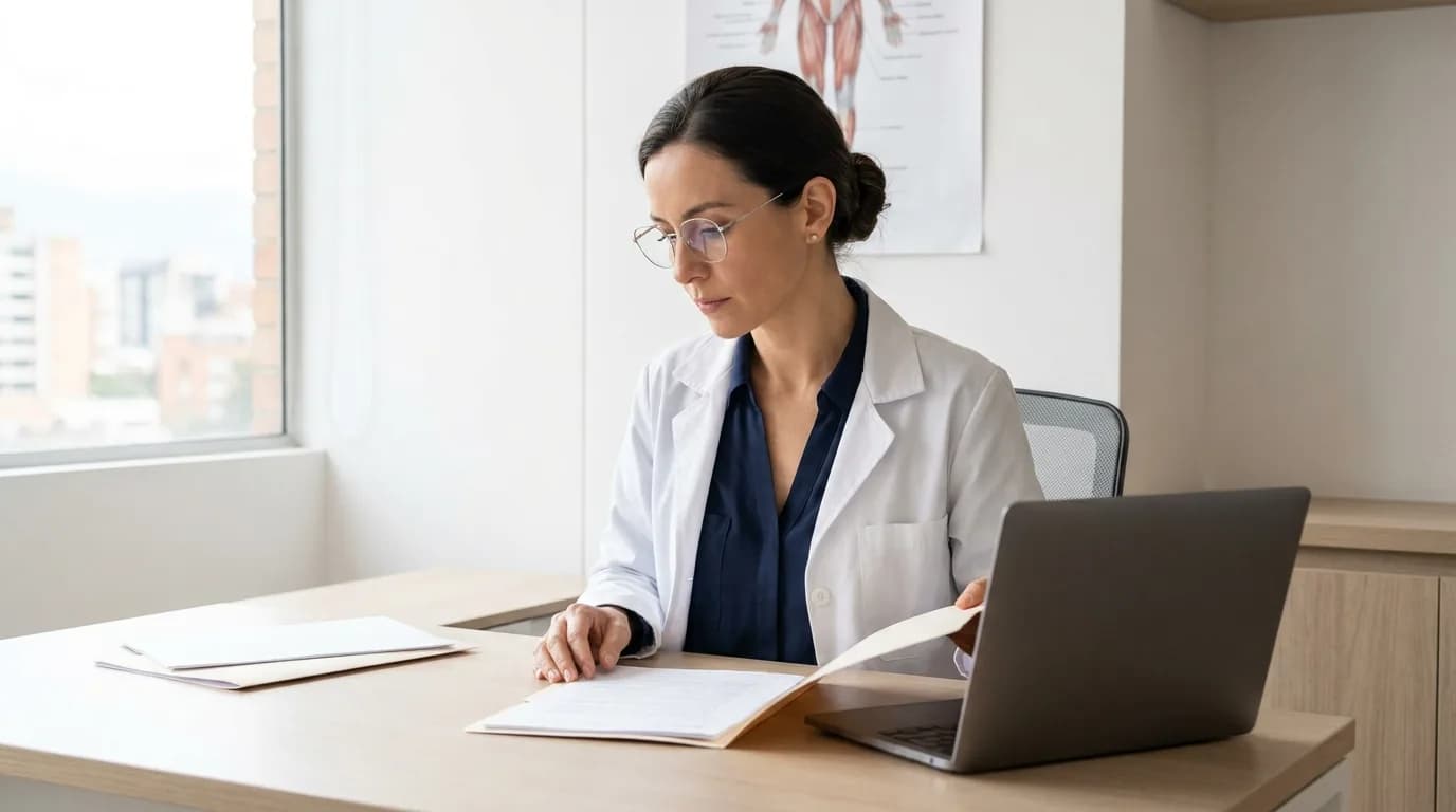 Profesional de salud ocupacional revisa los requisitos medicos de un cargo en su consultorio