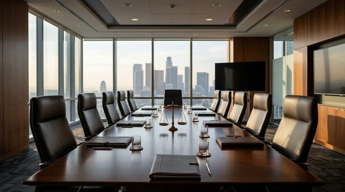 Sala de juntas con mesa de madera oscura, sillas de cuero, carpetas cerradas y una pequena balanza de justicia sobre la mesa