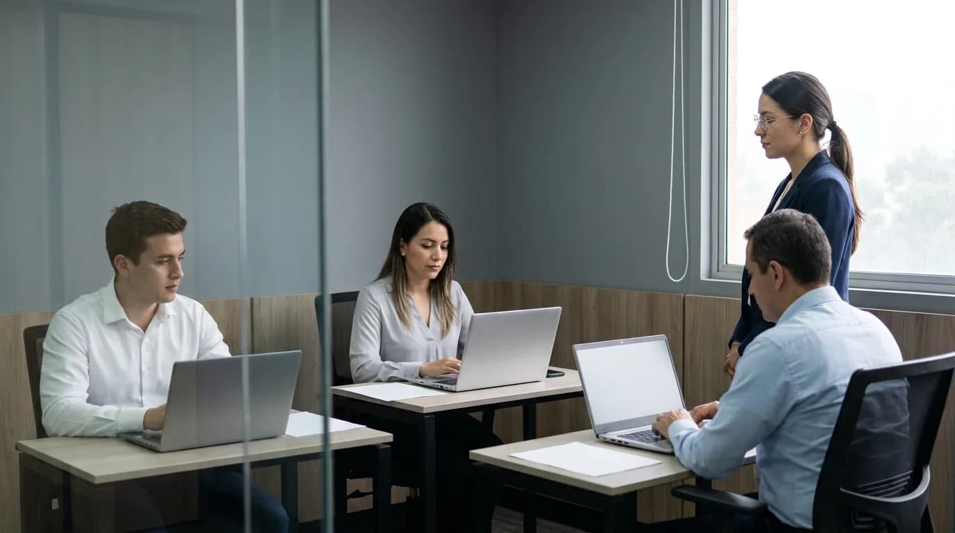 Aplicacion de pruebas psicotecnicas a tres candidatos en una sala de evaluacion