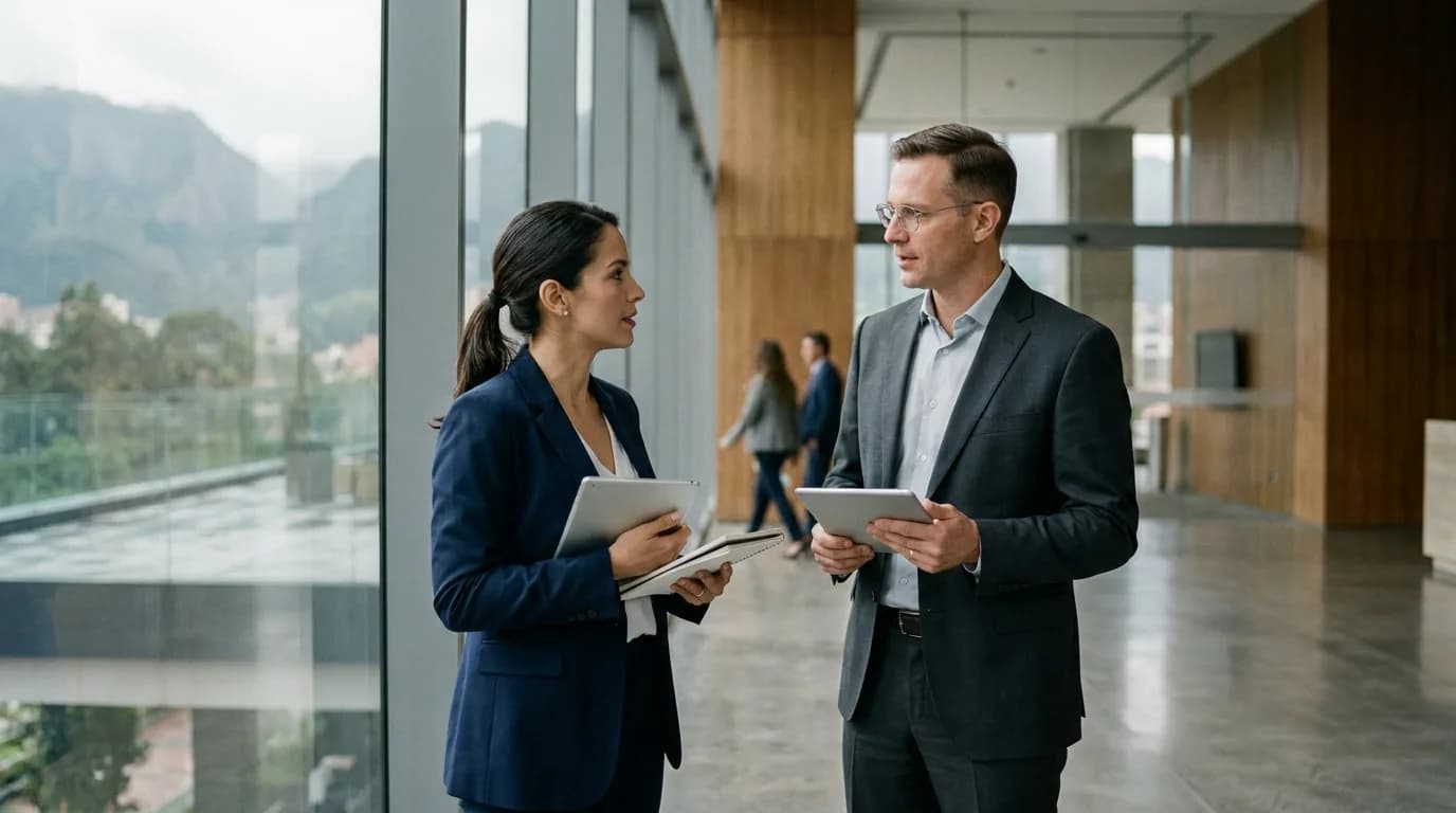 Dos consultores conversan en el hall de un edificio corporativo en Bogota
