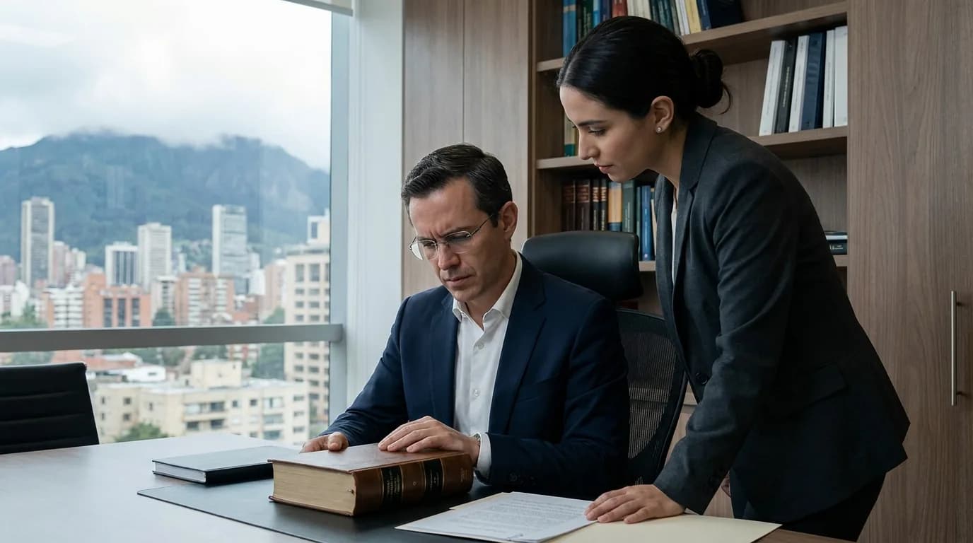 Dos profesionales consultan el articulado del Codigo Sustantivo del Trabajo en una oficina