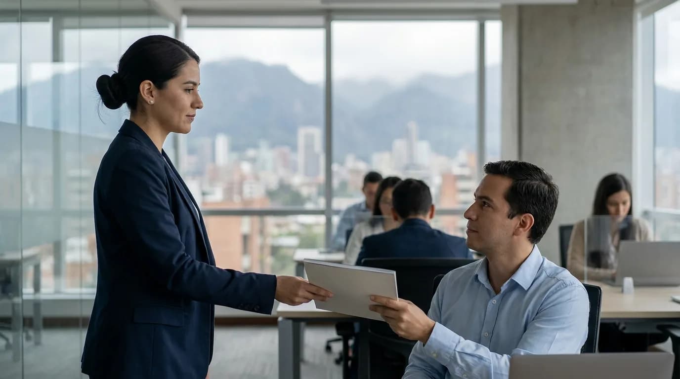 Entrega del reglamento interno de trabajo impreso a un empleado en una oficina abierta