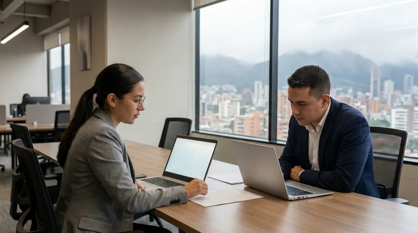 Dos consultores verifican el cumplimiento de los estandares minimos frente a dos portatiles