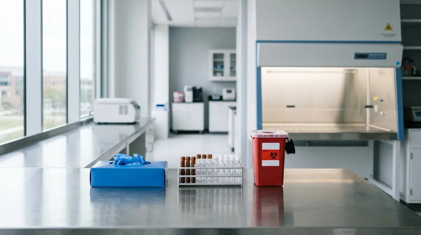 Laboratorio clinico vacio con guantes de nitrilo, gradilla de tubos y contenedor rojo para cortopunzantes