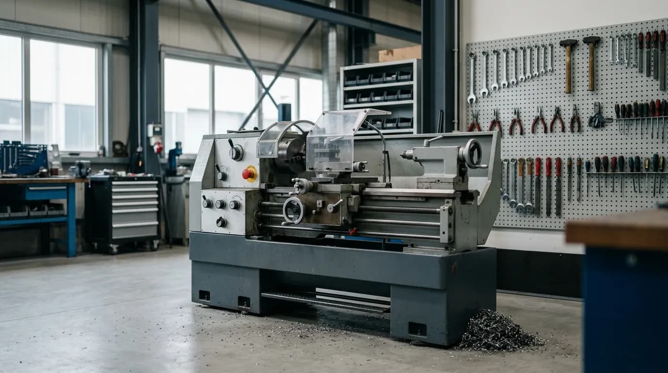 Torno industrial con guarda metalica y boton rojo de parada de emergencia en un taller ordenado