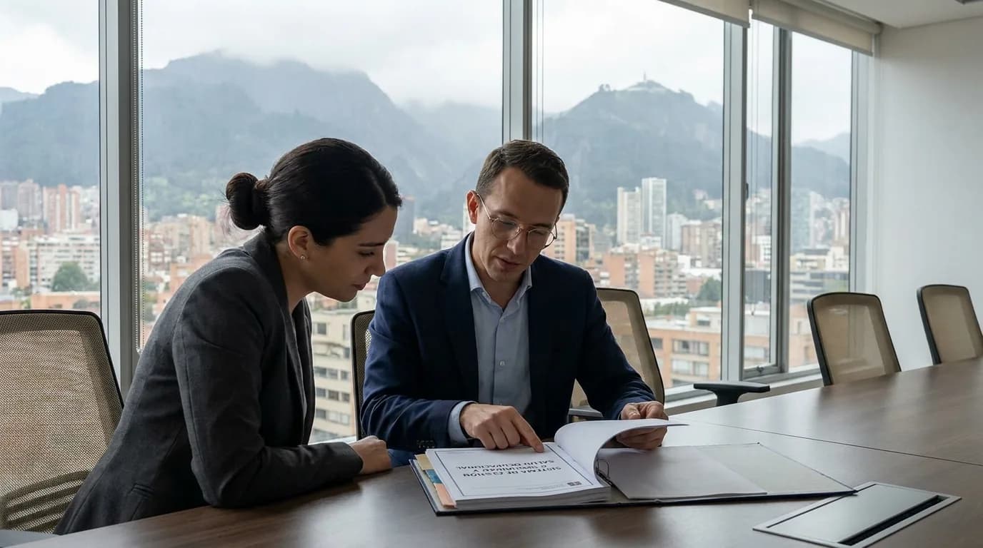 Dos consultores revisan la documentacion del sistema de gestion de seguridad y salud en el trabajo en una oficina de Bogota