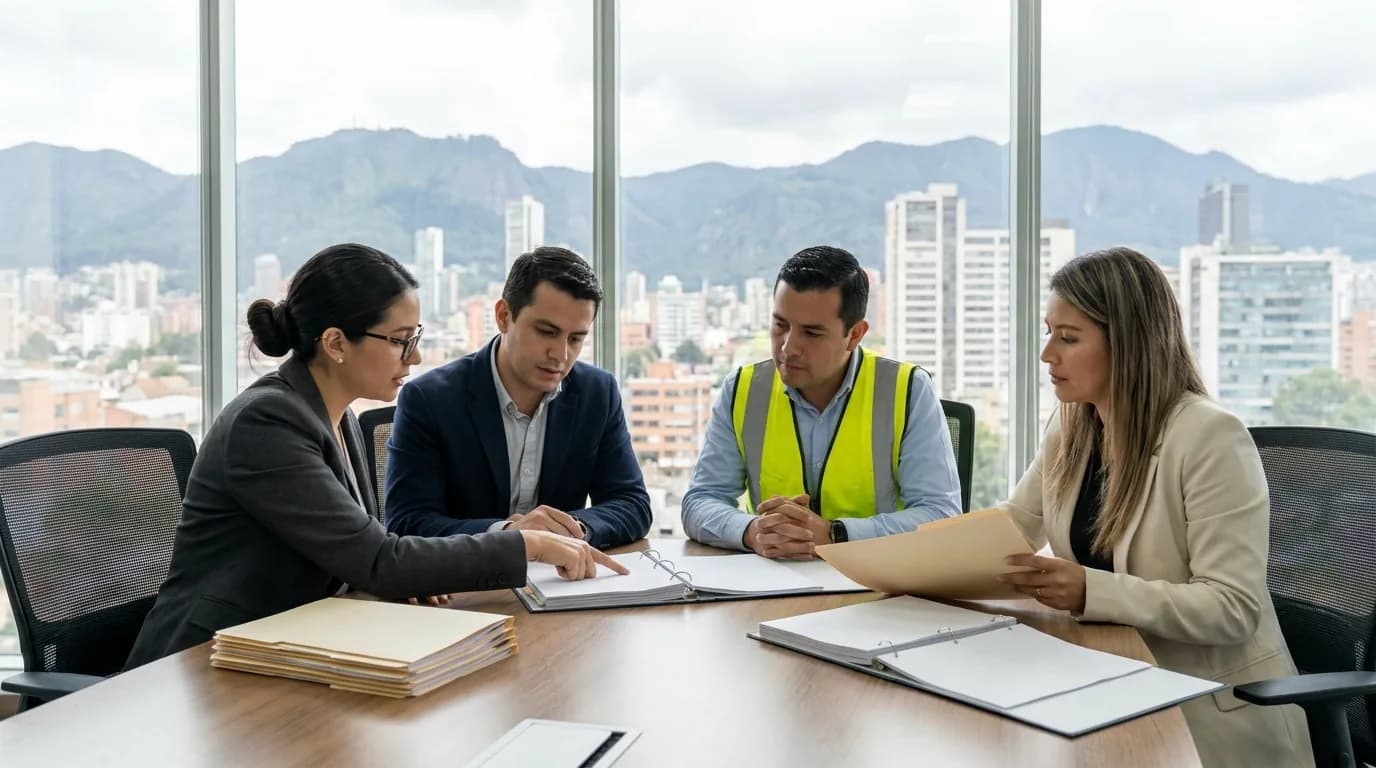 Equipo revisa la documentacion integrada de calidad, ambiente y seguridad en una sala de reuniones en Bogota