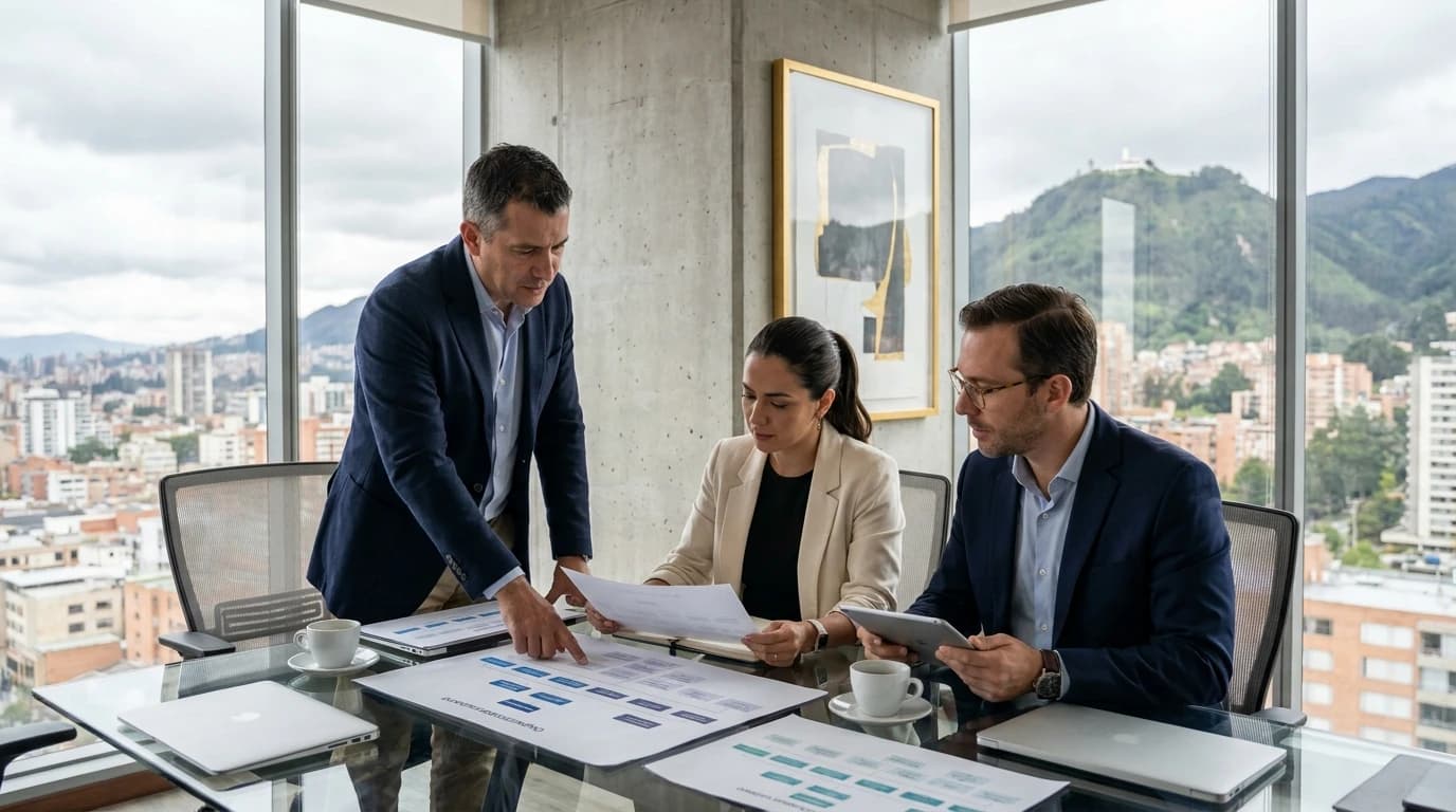 Tres consultores revisan la estructura de cargos de una empresa en una oficina de Bogota