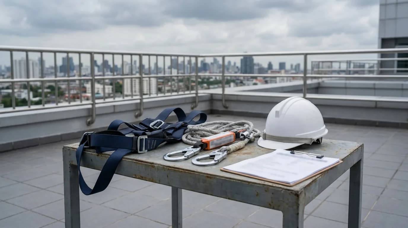 Equipo de proteccion contra caidas y permiso de trabajo en alturas dispuestos sobre una mesa de obra en Bogota