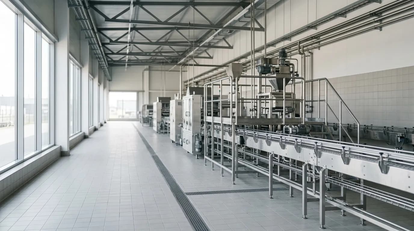 Línea de proceso de una planta de alimentos con superficies de acero inoxidable, drenajes y paredes lavables