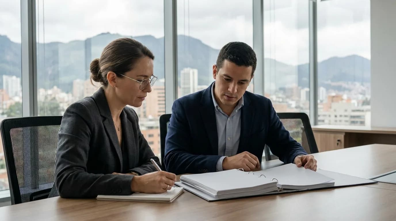 Dos consultores revisan la documentacion del sistema de gestion de calidad en una oficina corporativa de Bogota