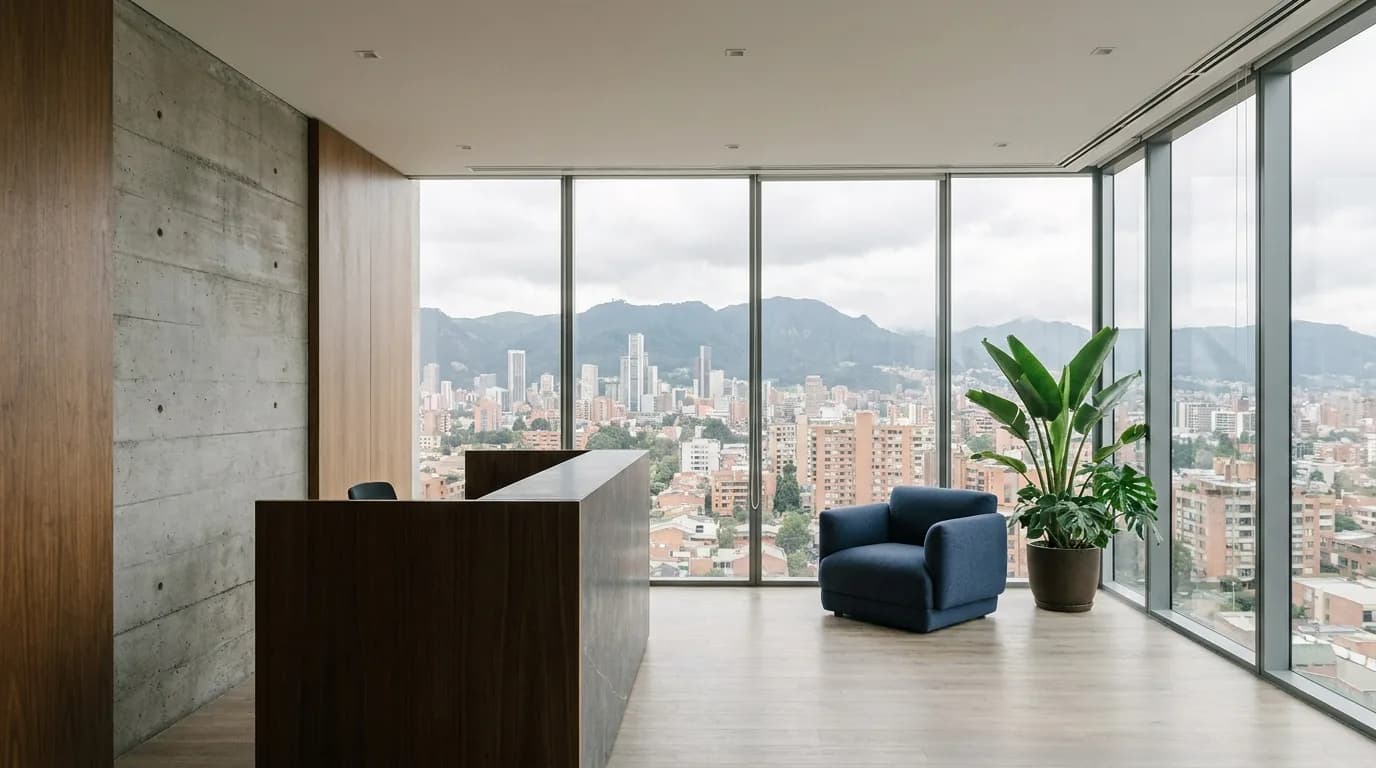 Recepcion de un edificio corporativo en Bogota con vista a los Cerros Orientales