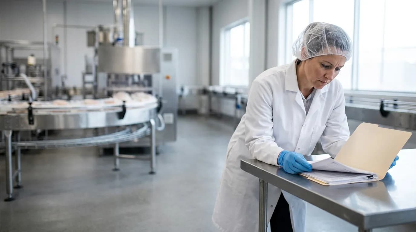 Supervisora de calidad revisa registros de un plan de saneamiento en una planta de alimentos