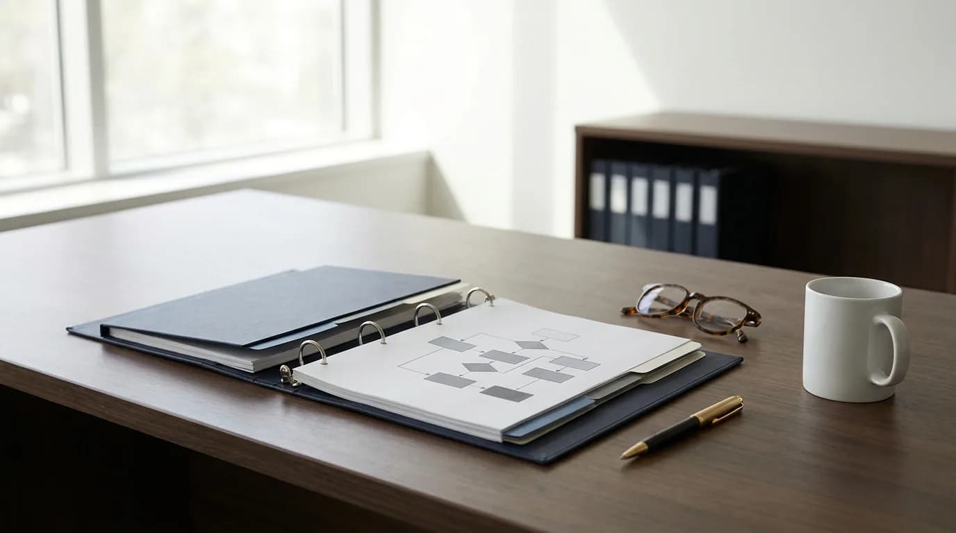 Manual de funciones impreso y organigrama sobre el escritorio de una oficina corporativa en Bogota