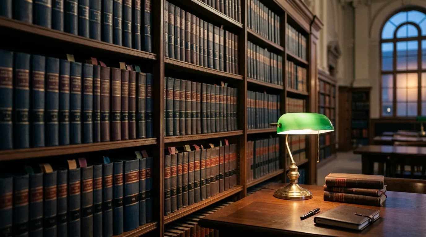 Biblioteca juridica con tomos de codigos alineados en estantes de madera y una lampara de lectura encendida