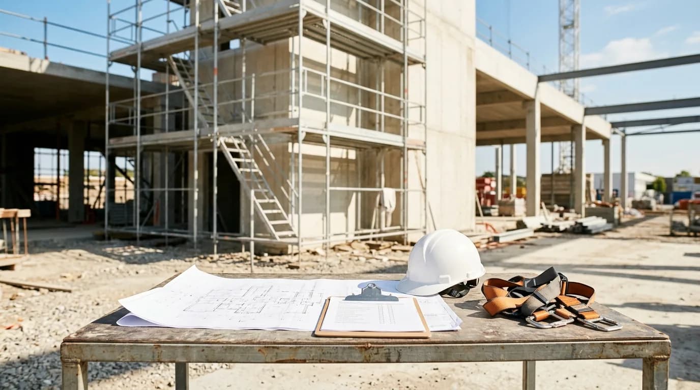 Mesa de obra con plano, lista de chequeo, casco y arnes frente a un andamio en una construccion