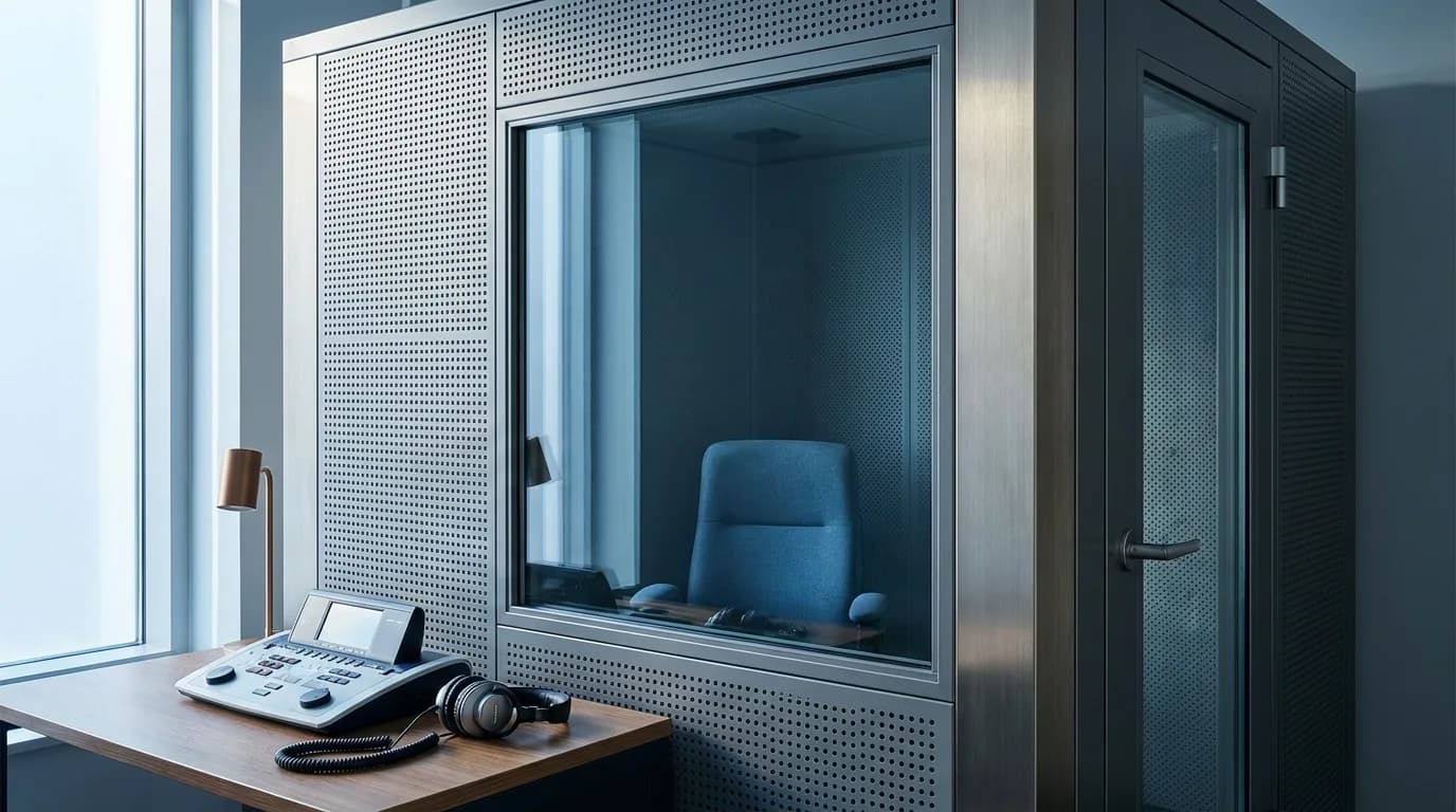Cabina audiometrica insonorizada con audiometro clinico y auriculares sobre la mesa de control