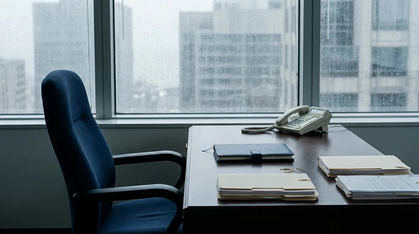 Puesto de trabajo vacio con silla retirada y luz de ventana sobre documentos y un telefono fijo