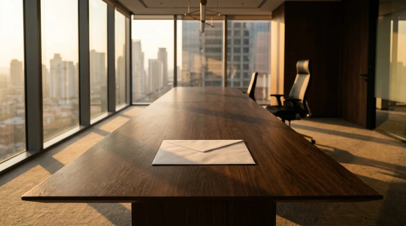 Mesa de reuniones de madera oscura con un sobre blanco cerrado y una silla de oficina vacia al fondo, con luz de tarde