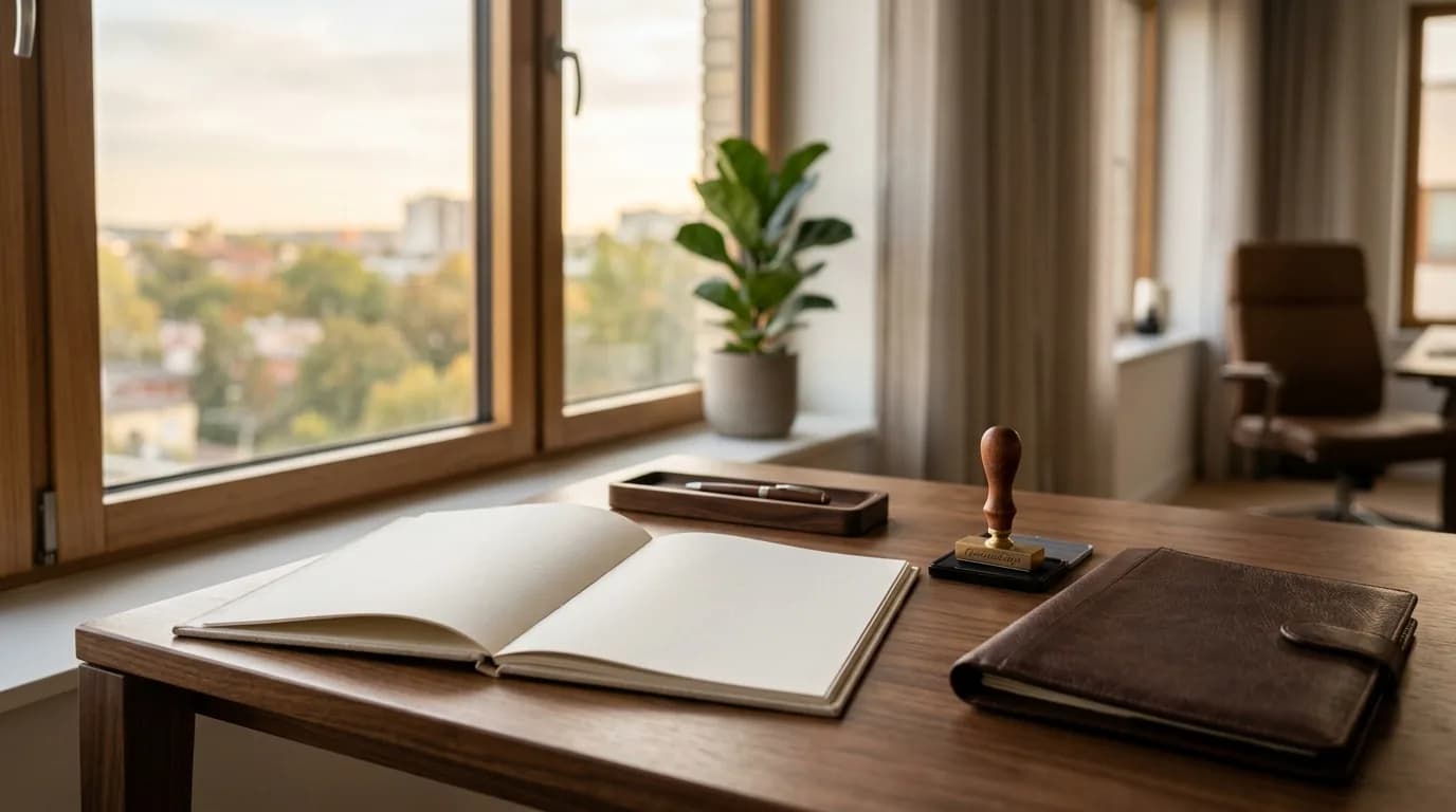 Escritorio de madera junto a una ventana con una carpeta abierta, un sello de oficina y un portadocumentos de cuero