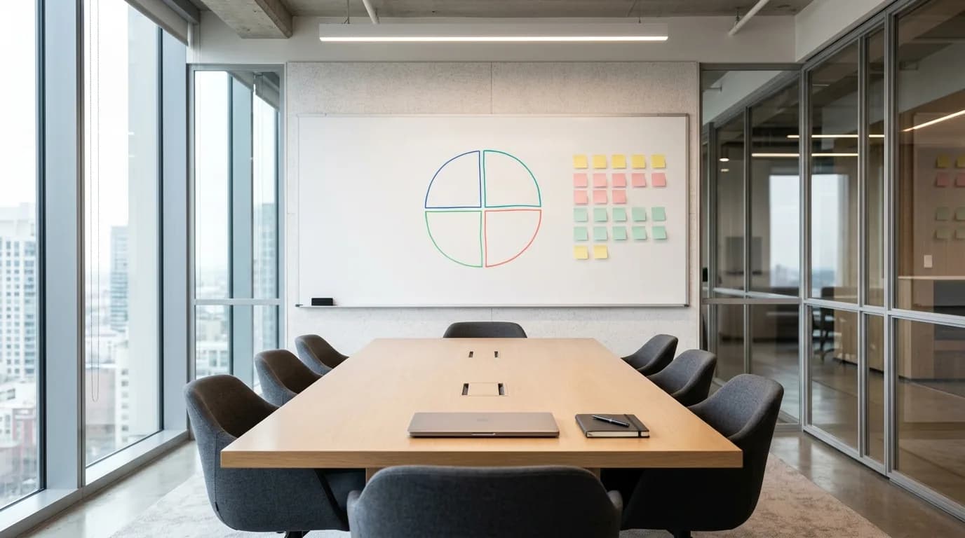 Sala de reuniones con una pizarra blanca con un diagrama circular de cuatro cuadrantes y notas adhesivas de colores