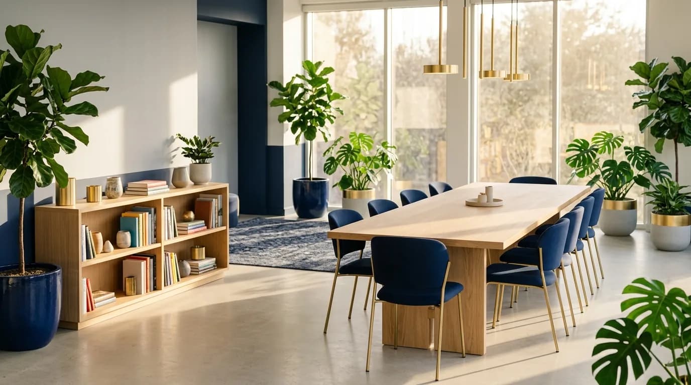 Zona común de oficina luminosa con mesa compartida, sillas, plantas y luz natural, sin personas