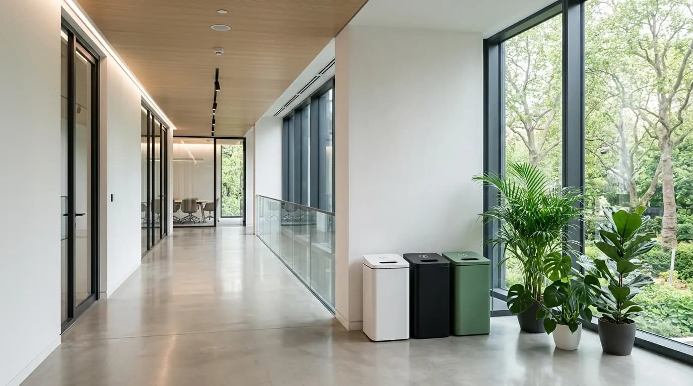Punto ecologico con tres canecas de reciclaje blanca, negra y verde en el pasillo de una oficina
