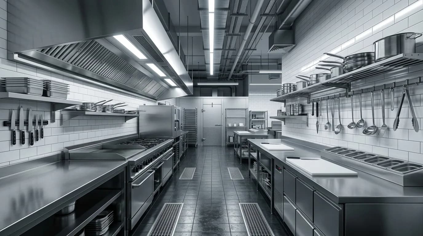 Cocina industrial de restaurante en acero inoxidable con campana extractora y estaciones de preparacion limpias