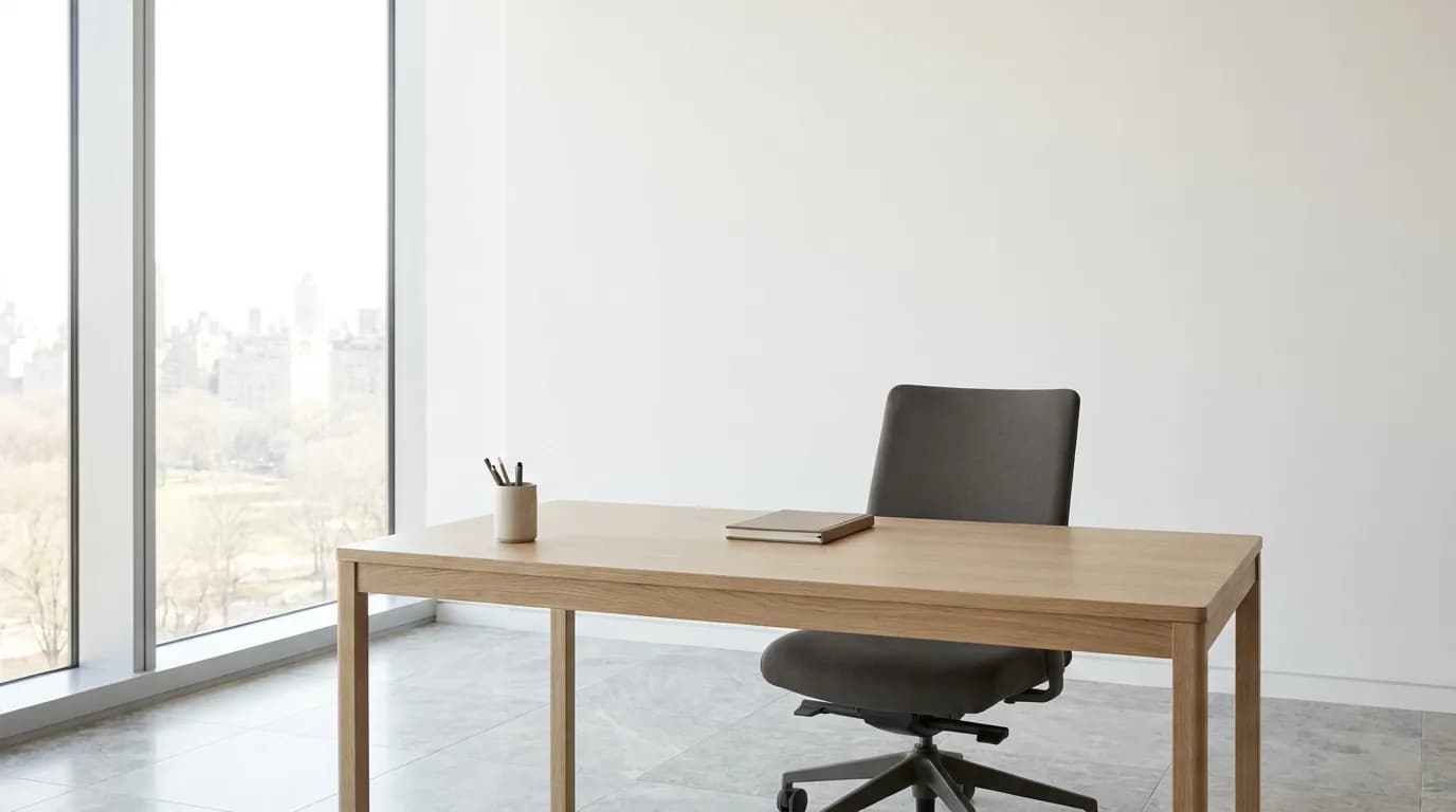Puesto de trabajo luminoso con escritorio de madera clara, silla y cuaderno cerrado junto a un ventanal