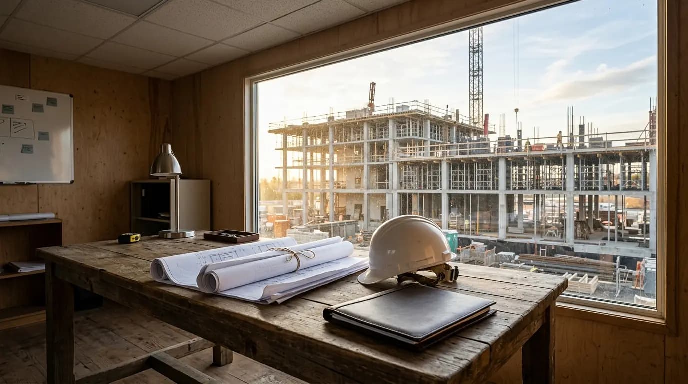 Caseta de oficina de una obra con planos enrollados, un casco blanco y una carpeta sobre una mesa de madera, frente a una estructura de concreto en construccion