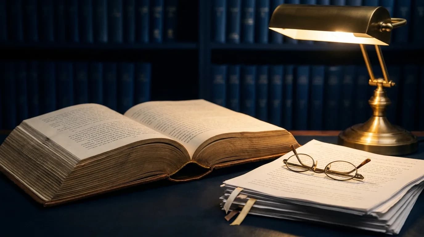 Escritorio con documentos normativos y una lampara de lectura, sin personas