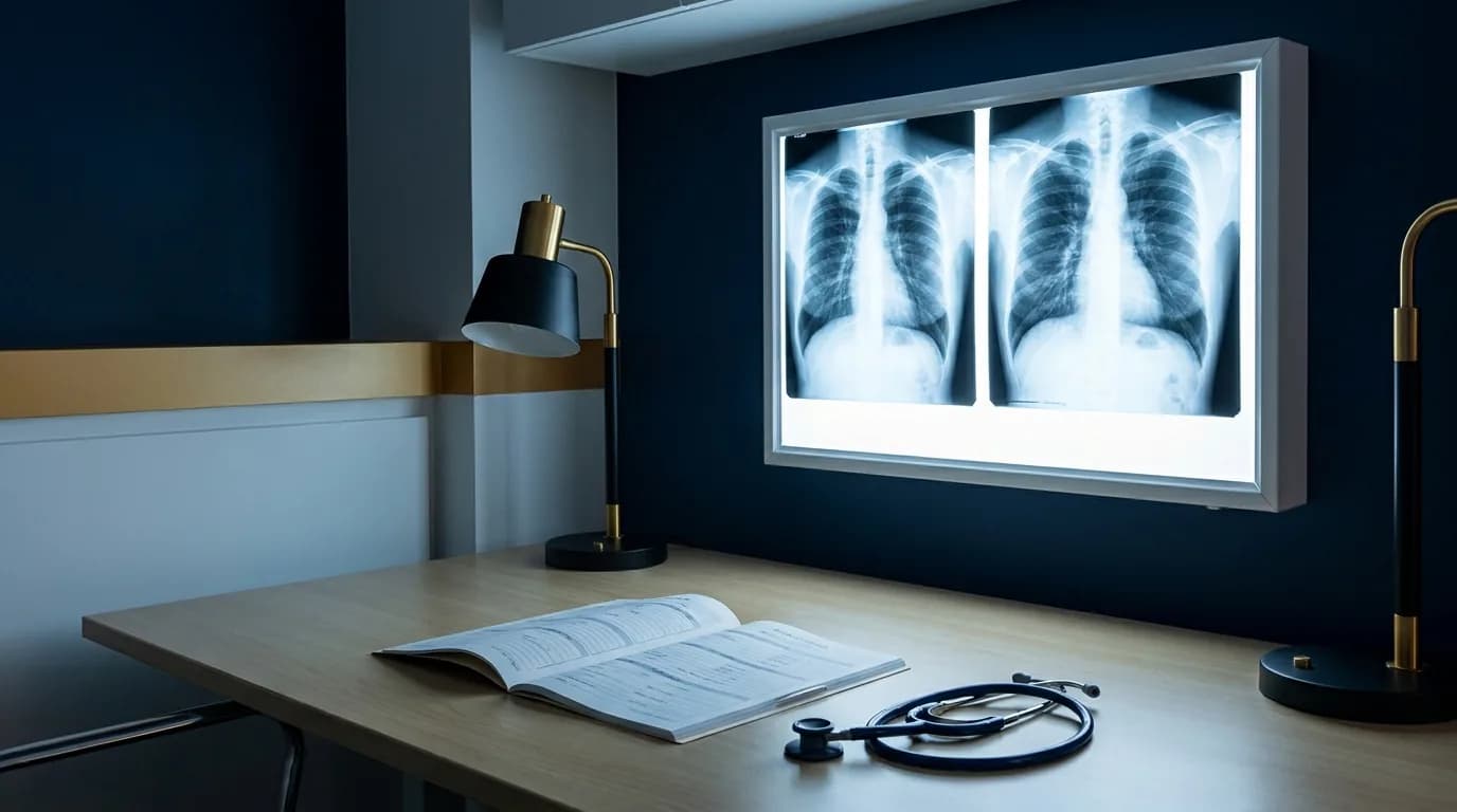 Historia clinica ocupacional y radiografias sobre un negatoscopio en un consultorio vacio