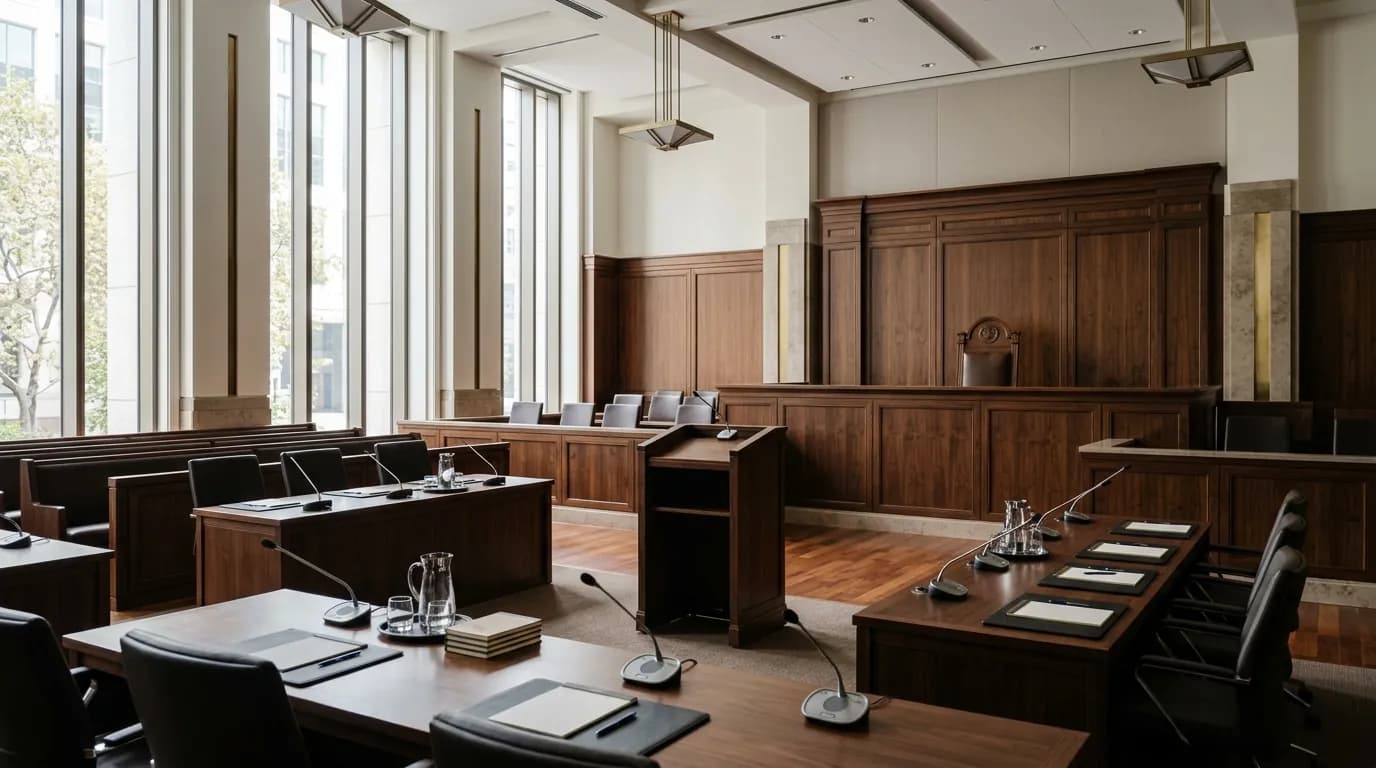 Sala de audiencias judicial vacia con estrado de madera, mesas para las partes con microfonos y luz natural lateral