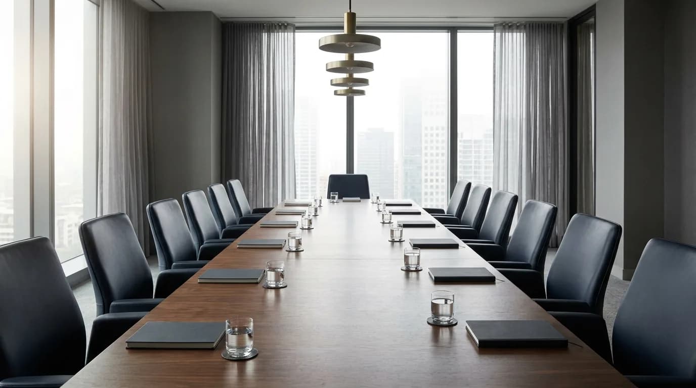Sala de reuniones vacia con sillas alrededor de una mesa larga y ventanales al fondo