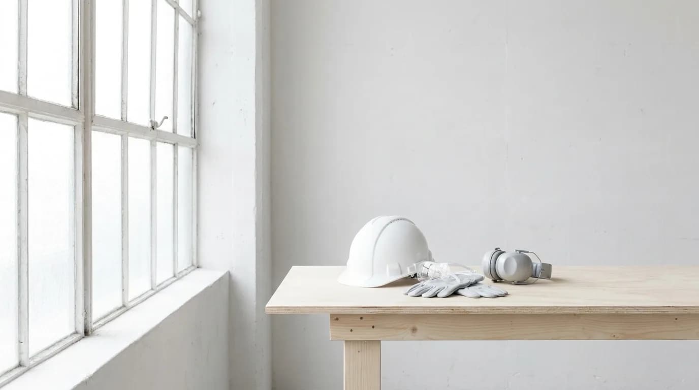 Casco, guantes y gafas de seguridad ordenados sobre una mesa de trabajo clara