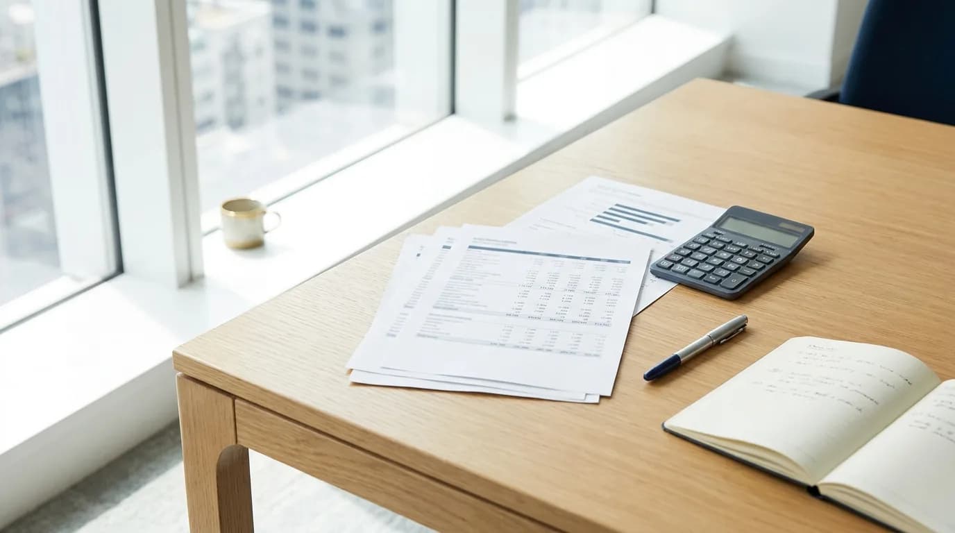 Mesa de reunion con hojas de calculo impresas de bandas salariales y una calculadora junto a una ventana