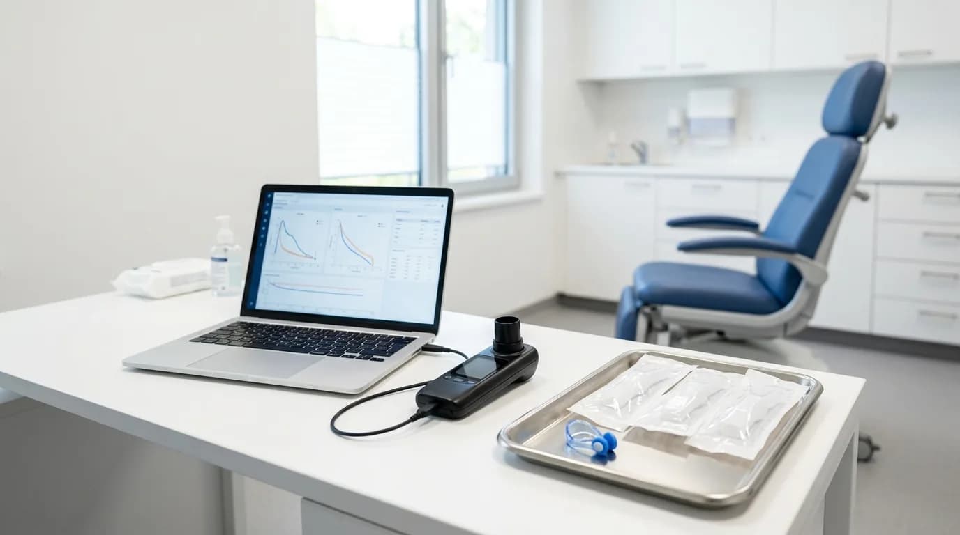 Sala de pruebas de funcion pulmonar con un espirometro digital conectado a un portatil y boquillas desechables selladas