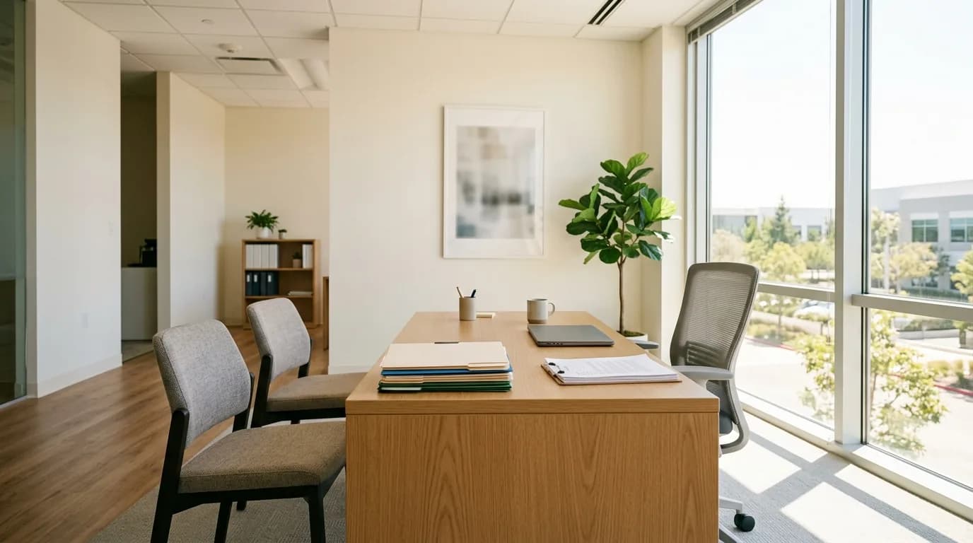 Oficina de gestion humana luminosa con escritorio ordenado, carpetas y dos sillas frente al ventanal