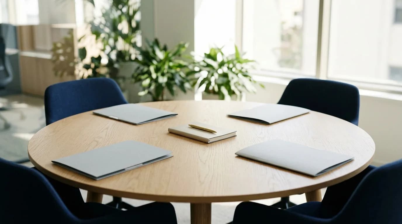 Mesa redonda de reuniones con cuatro sillas alrededor, carpetas cerradas y una libreta en el centro, en una oficina luminosa