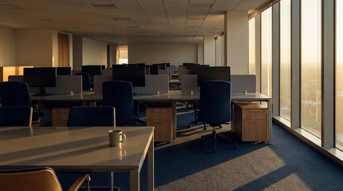 Oficina abierta vacia al atardecer con puestos de trabajo ordenados y luz calida de ventanal