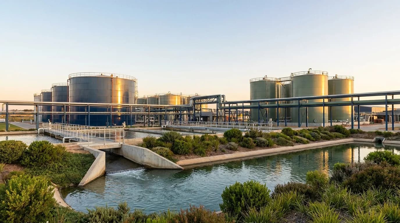 Planta industrial con tanques de almacenamiento y unidad de tratamiento de aguas al atardecer