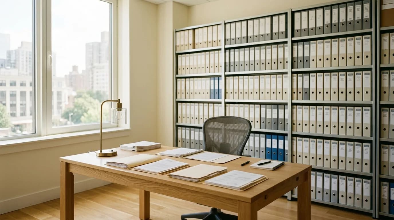 Sala de archivo luminosa con estanteria de carpetas alineadas y mesa de consulta junto al ventanal