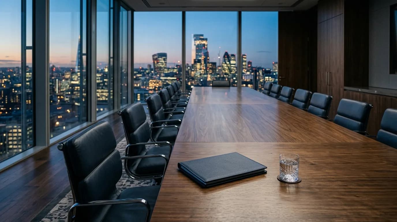Sala de reuniones ejecutiva con mesa larga y sillas vacias junto a ventanal urbano