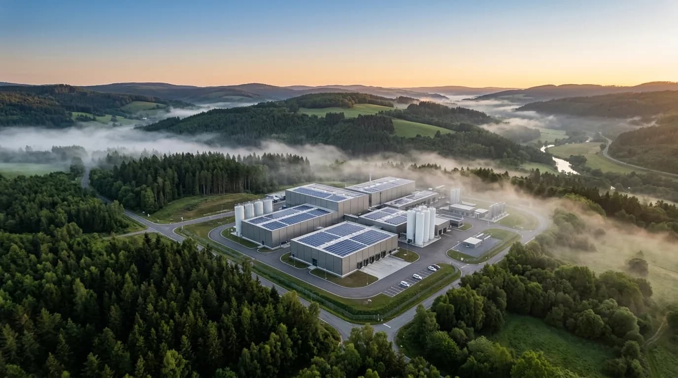 Vista aerea de una planta industrial al amanecer con vegetacion alrededor