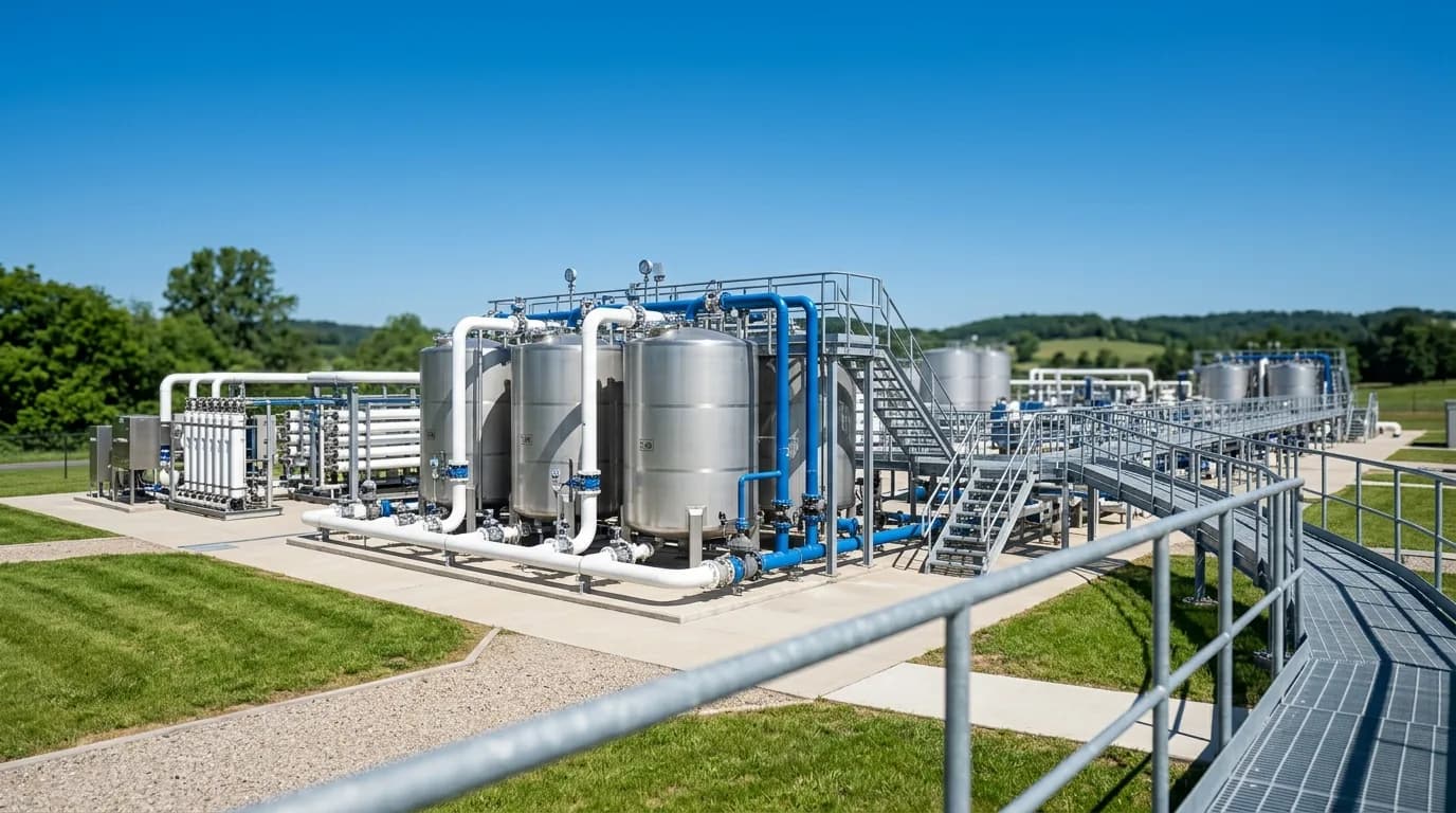 Tanques y tuberia de una planta de tratamiento de agua industrial bajo cielo despejado