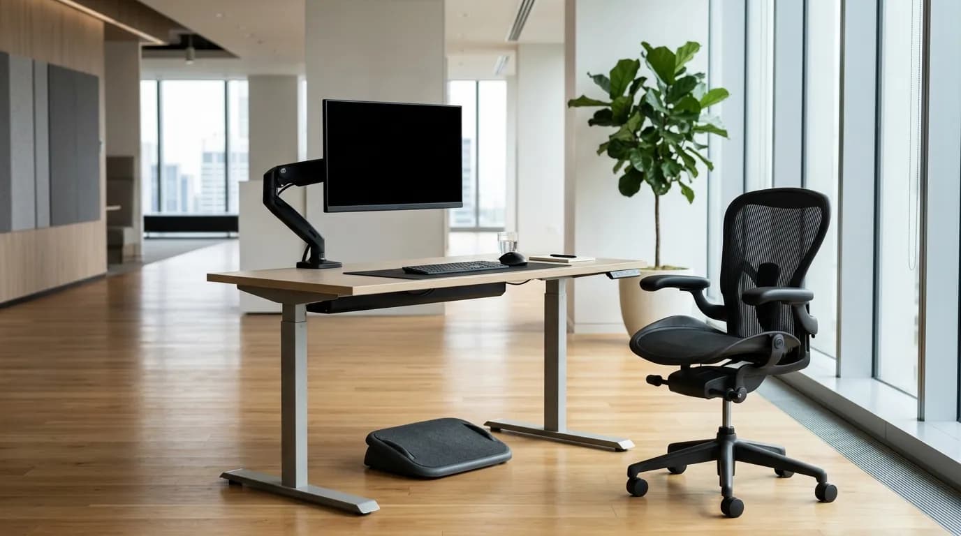 Puesto de trabajo adaptado con escritorio de altura regulable, silla ergonomica con apoyabrazos, reposapies y monitor con brazo articulado