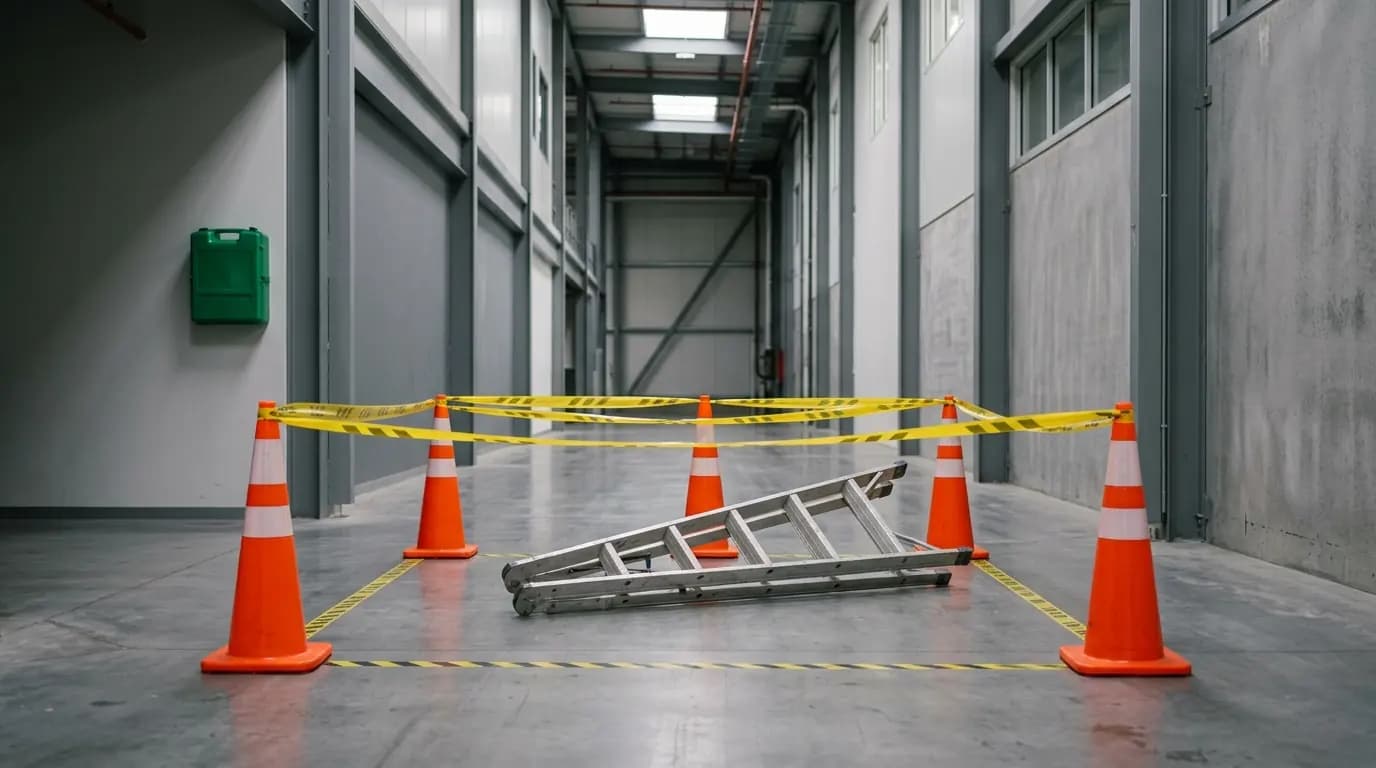 Zona acordonada con cinta amarilla y conos alrededor de una escalera portatil caida en el pasillo de una planta