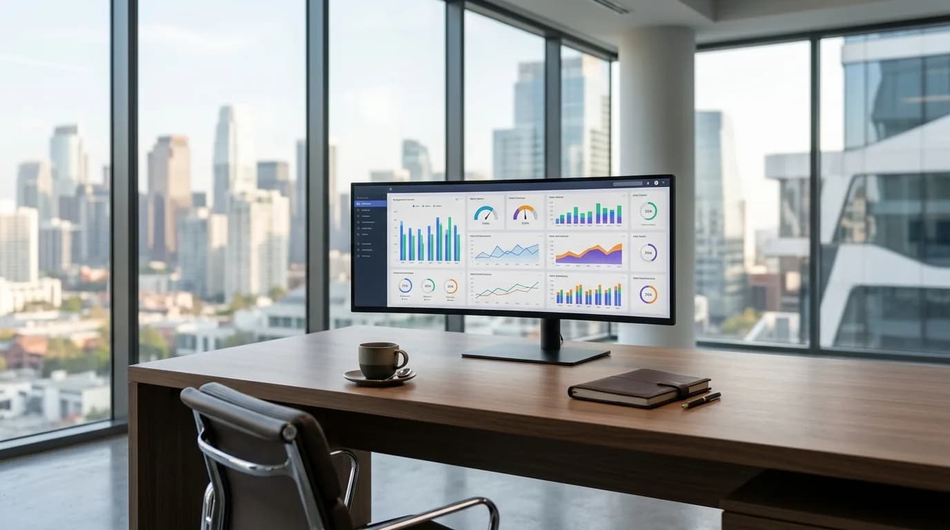 Escritorio con un monitor que muestra un tablero de control con graficos de barras, lineas y medidores de colores